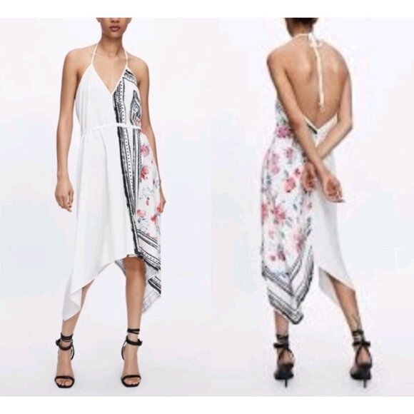 ZARA Combined Asymmetric Halter V-Neck Dress Rose Print Black/White/Red Sz S - Picture 1 of 10
